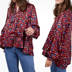 FRNCH Paris Long Sleeve Red‎ Blue Cheetah Print High Low Satin Cuffed Blouse S/M